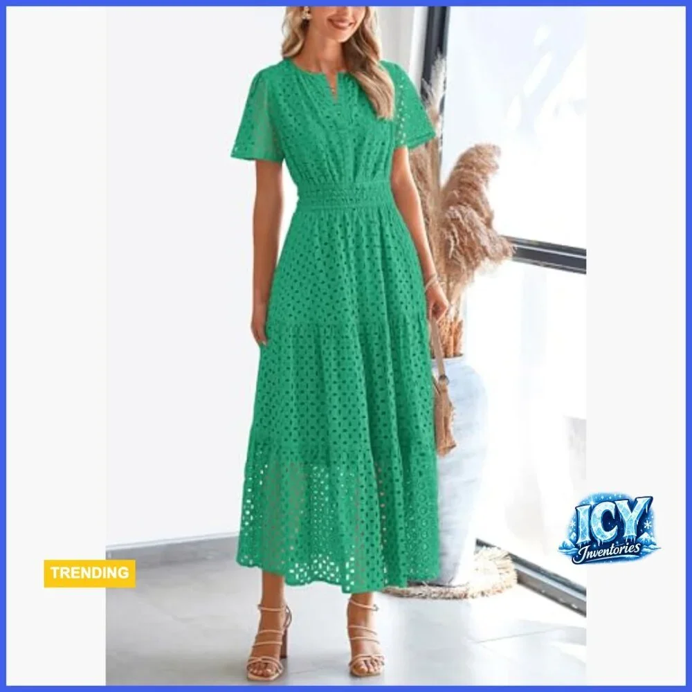 Cotton Eyelet Maxi Dress V-Neck Hollow Out Beach Vacation Formal